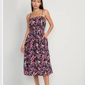 Old Navy Waist-Defined Floral Linen-Blend Smocked Midi Cami Dress Small